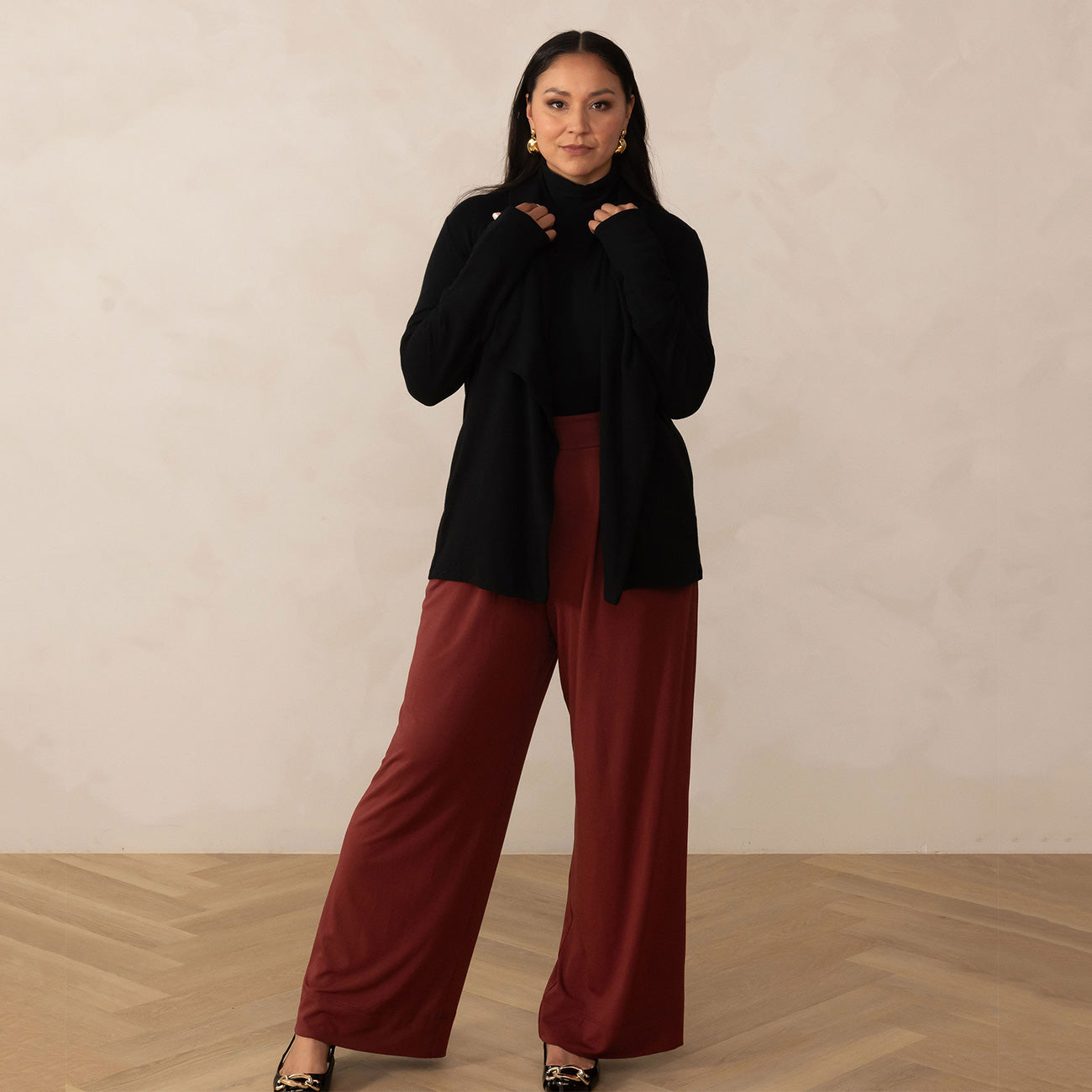V Neck Long Sleeve Blouse And Wide Leg Pant Outfits Elegant Hight