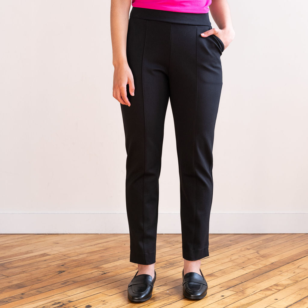 Womens Pull-On Ponte Pant with Built-in Tummy Control Panel (X-Small,  Charcoal/Navy Combo)